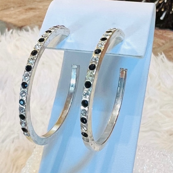 Silvertone with bling accents, open hoop pierced costume earrings - Picture 3 of 9
